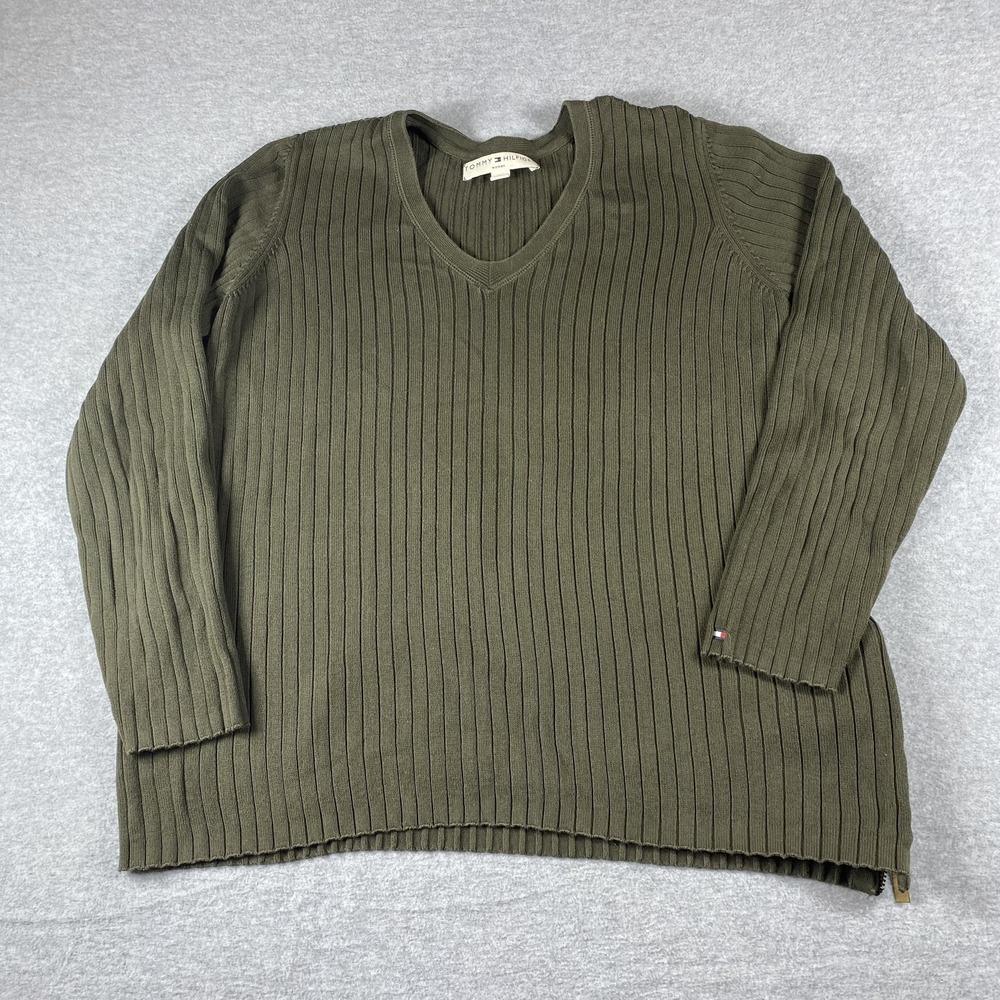 Tommy Hilfiger Sweater Womens 1X Green V Neck Tunic Ribbed Long Sleeve Zip Hem